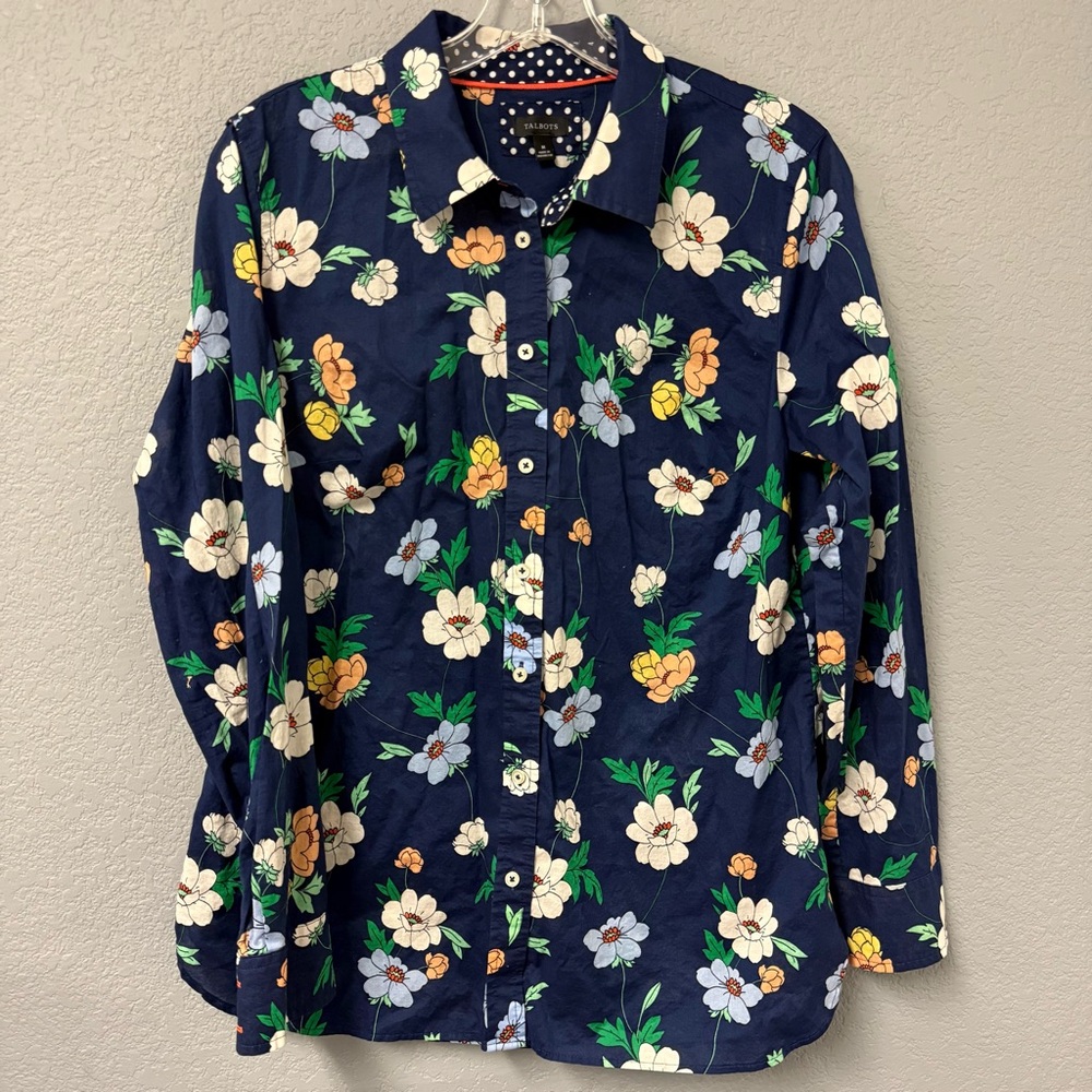 Talbots Navy Floral and Polka Dot Shirt